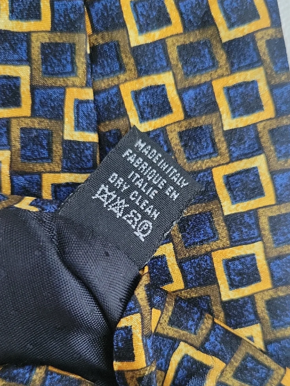 Vintage Ciro Citterio Italian Silk Tie Navy and Gold Square-Pattern